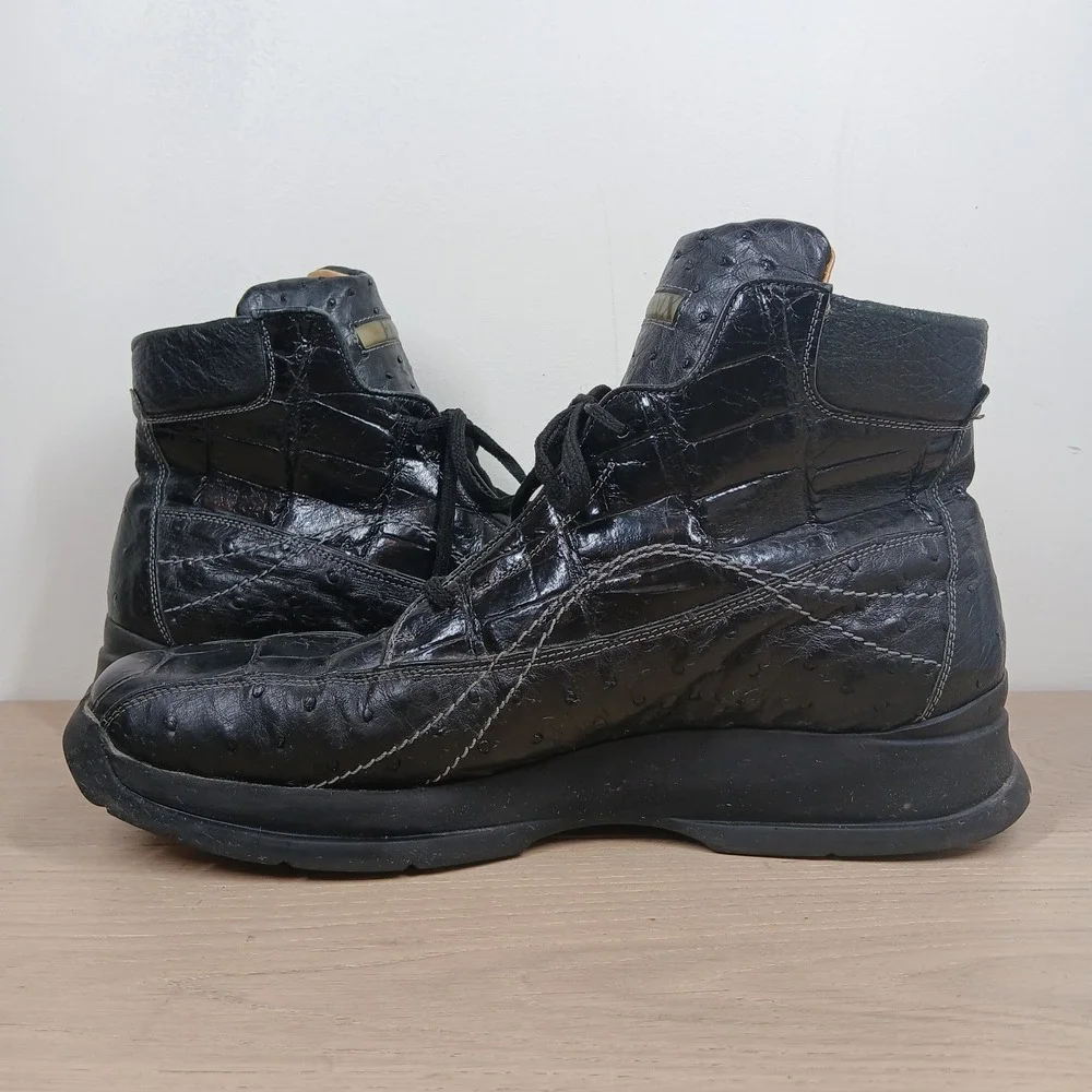 Rare Fennix Italy Exotic Ostrich Leather Boots Men 46 Black High Top Square Toe